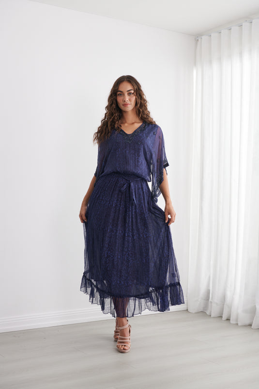 Caju Womens Sheer Vine Print Dress w/ Floaty Sleeve - Midnight