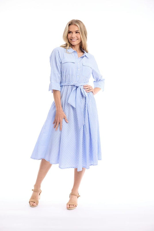 Orientique Womens Seersucker Dress Collar Pockets