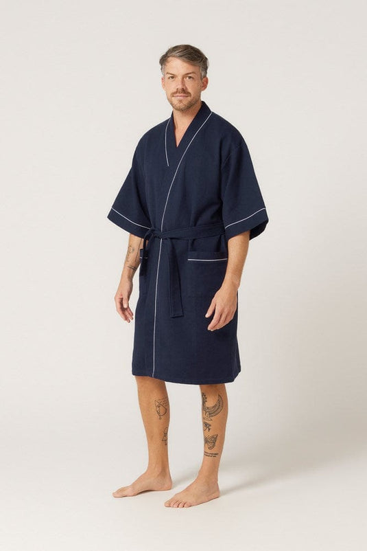 Contare Mens Cotton Waffle Bathrobe – French Navy