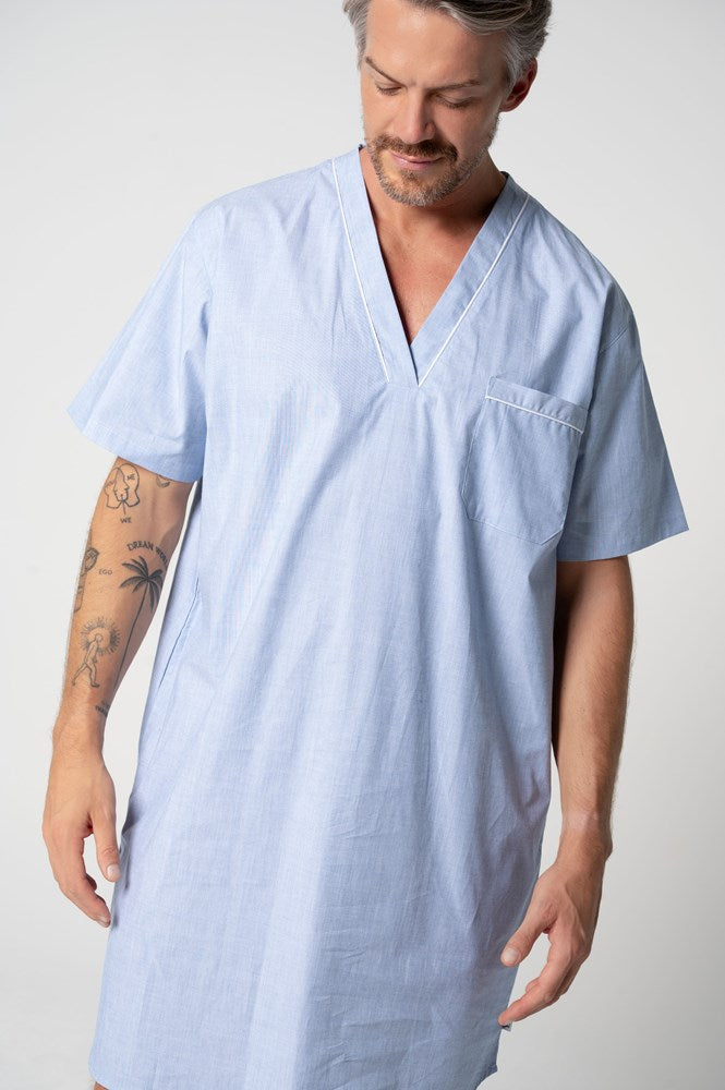 Load image into Gallery viewer, Contare Men's Refined Cotton Short Sleeve Nightshirt - Chambray
