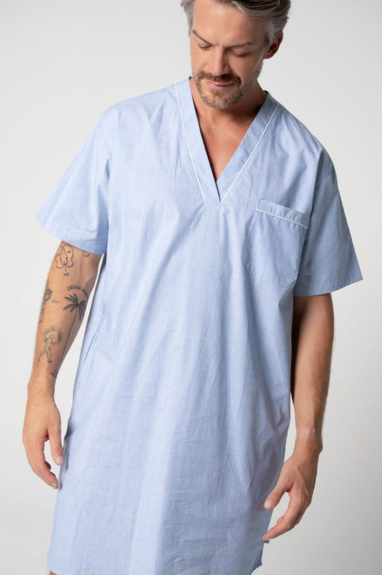 Contare Men's Refined Cotton Short Sleeve Nightshirt - Chambray