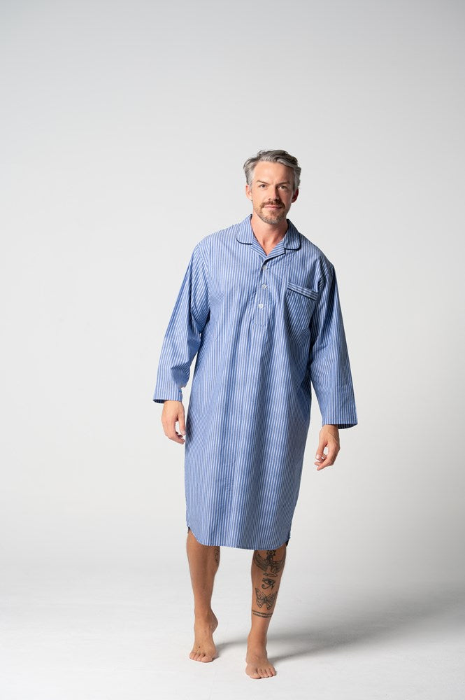 Load image into Gallery viewer, Contare Unisex Refined Cotton Longer-Length Nightshirt - Denim Stripes
