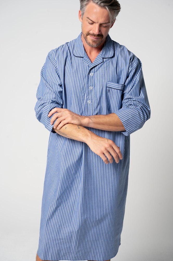 Load image into Gallery viewer, Contare Unisex Refined Cotton Longer-Length Nightshirt - Denim Stripes
