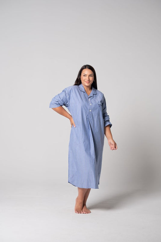 Contare Unisex Refined Cotton Longer-Length Nightshirt - Denim Stripes