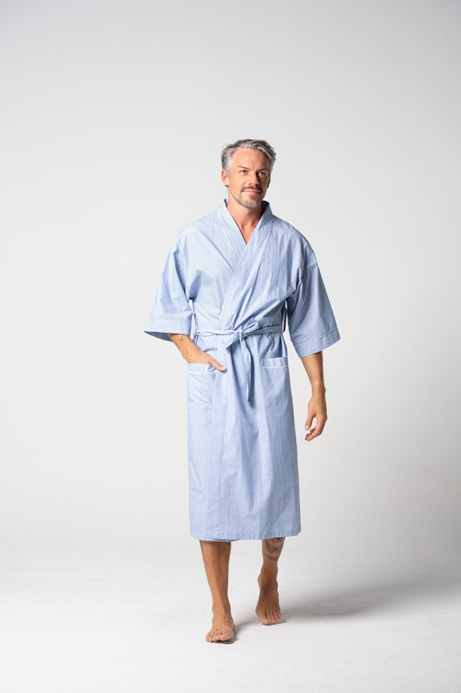Load image into Gallery viewer, Contare Unisex Refined Poplin Longer-Length Kimono Robe - Chambray
