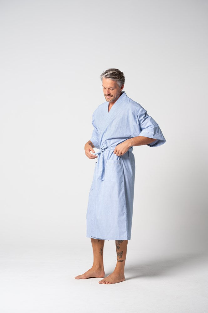 Load image into Gallery viewer, Contare Unisex Refined Poplin Longer-Length Kimono Robe - Chambray
