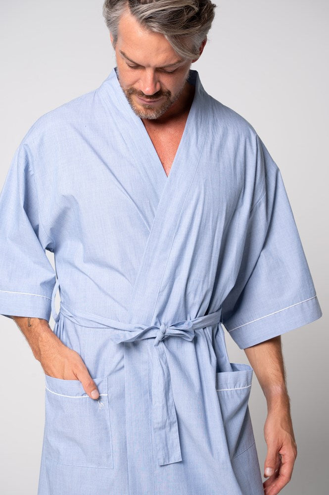 Load image into Gallery viewer, Contare Unisex Refined Poplin Longer-Length Kimono Robe - Chambray
