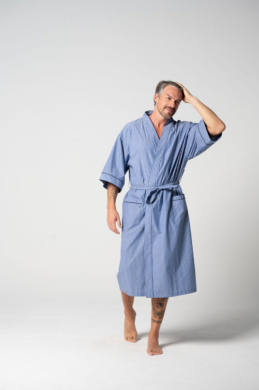 Contare Unisex Refined Poplin Longer-Length Kimono Robe - Denim Stripes