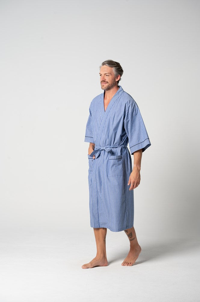 Load image into Gallery viewer, Contare Unisex Refined Poplin Longer-Length Kimono Robe - Denim Stripes
