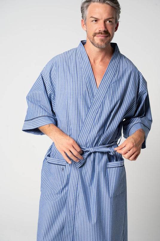 Contare Unisex Refined Poplin Longer-Length Kimono Robe - Denim Stripes