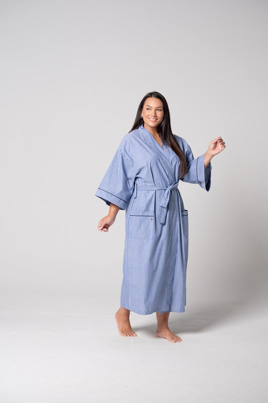 Contare Unisex Refined Poplin Longer-Length Kimono Robe - Denim Stripes
