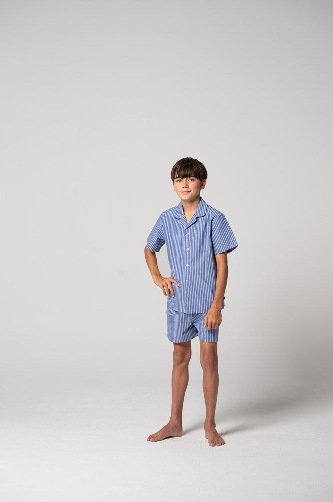 Load image into Gallery viewer, Contare Kids Refined Cotton Junior Shortie Pyjama Set - Denim Stripes
