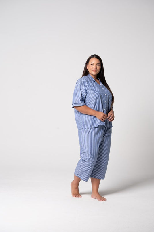 Contare Women’s Refined Cotton Short Sleeve Crop Pyjama Set - Denim Stripes