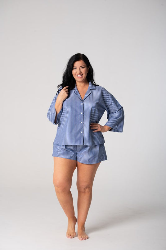 Contare Women’s Refined Cotton ¾ Sleeve Boxer Pyjama Set - Denim Stripes
