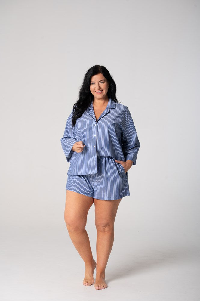 Load image into Gallery viewer, Contare Women’s Refined Cotton ¾ Sleeve Boxer Pyjama Set - Denim Stripes
