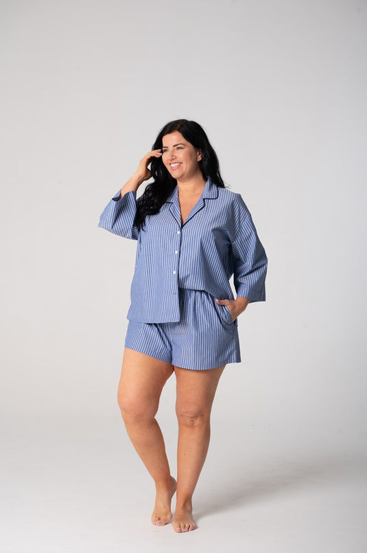 Contare Women’s Refined Cotton ¾ Sleeve Boxer Pyjama Set - Denim Stripes