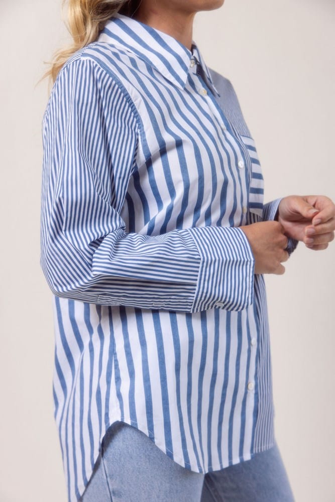 Load image into Gallery viewer, See Saw Womens 100% Cotton Stripe Long Sleeve 2 Way Shirt - Denim
