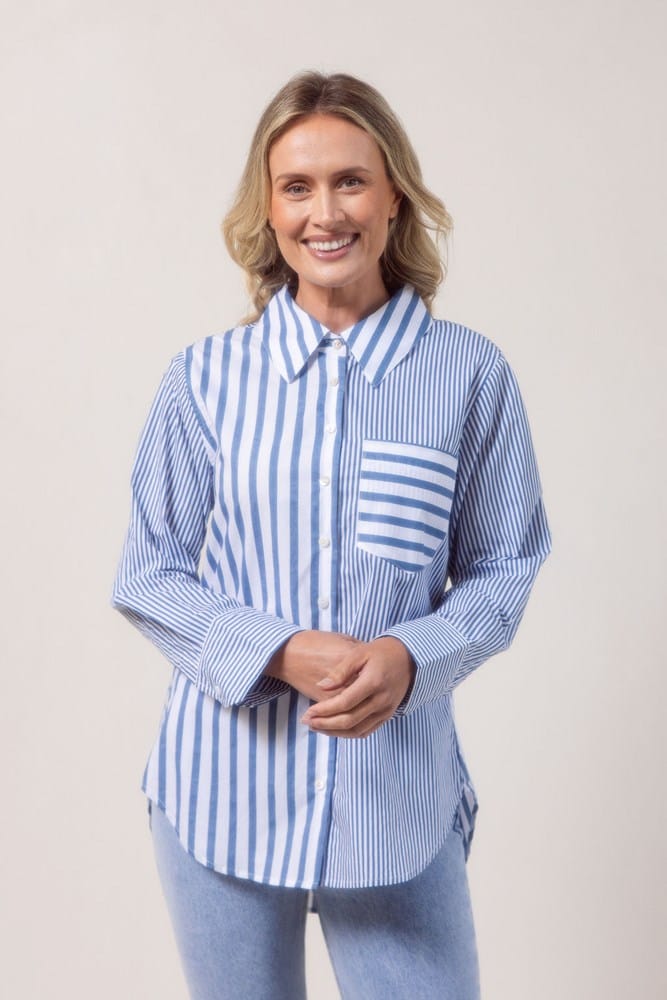 Load image into Gallery viewer, See Saw Womens 100% Cotton Stripe Long Sleeve 2 Way Shirt - Denim
