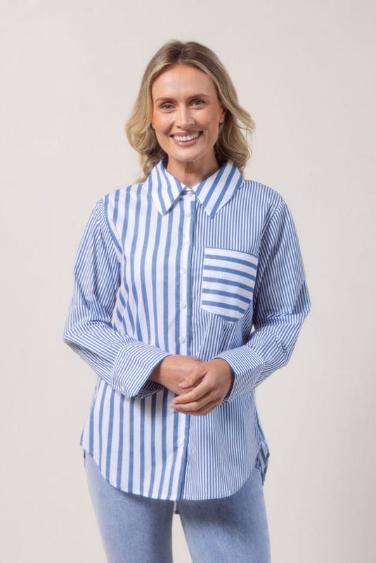 See Saw Womens 100% Cotton Stripe Long Sleeve 2 Way Shirt - Denim