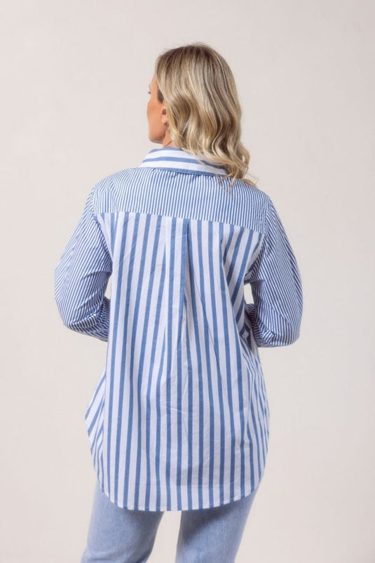 See Saw Womens 100% Cotton Stripe Long Sleeve 2 Way Shirt - Denim