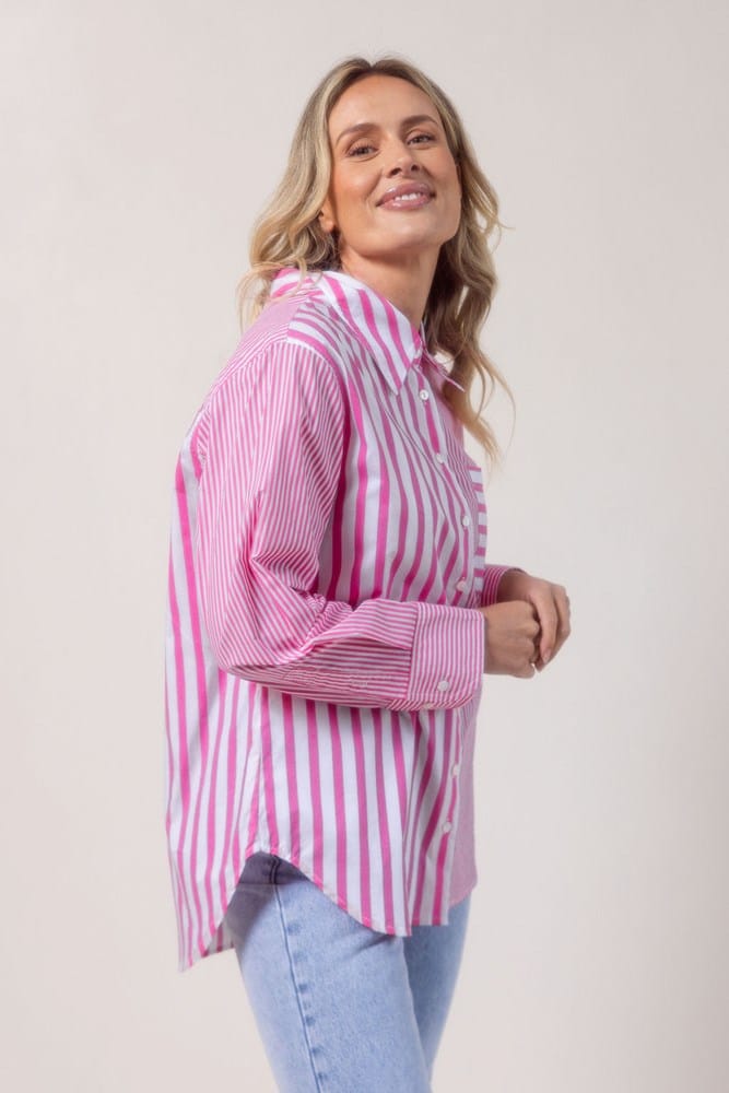 Load image into Gallery viewer, See Saw Womens 100% Cotton Stripe Long Sleeve 2 Way Shirt - Pink
