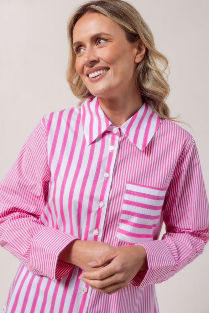 Load image into Gallery viewer, See Saw Womens 100% Cotton Stripe Long Sleeve 2 Way Shirt - Pink
