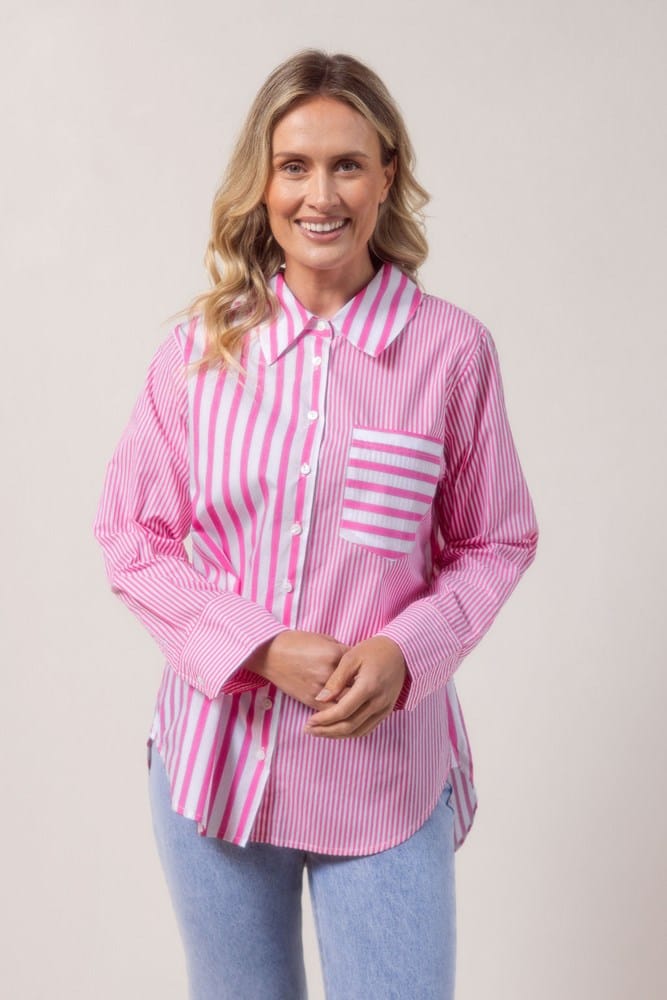 Load image into Gallery viewer, See Saw Womens 100% Cotton Stripe Long Sleeve 2 Way Shirt - Pink
