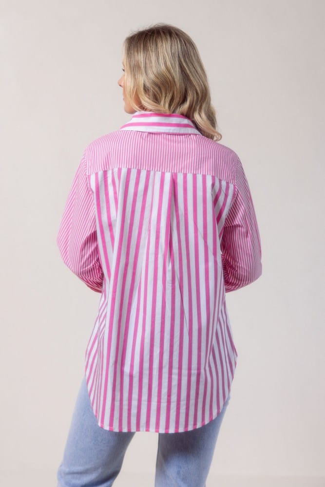 Load image into Gallery viewer, See Saw Womens 100% Cotton Stripe Long Sleeve 2 Way Shirt - Pink

