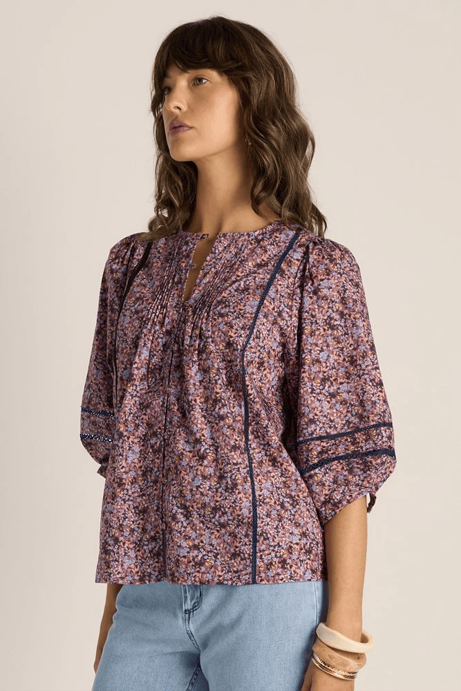 Load image into Gallery viewer, Fate &amp; Becker Womens Alaia Print Lace Insert Blouse
