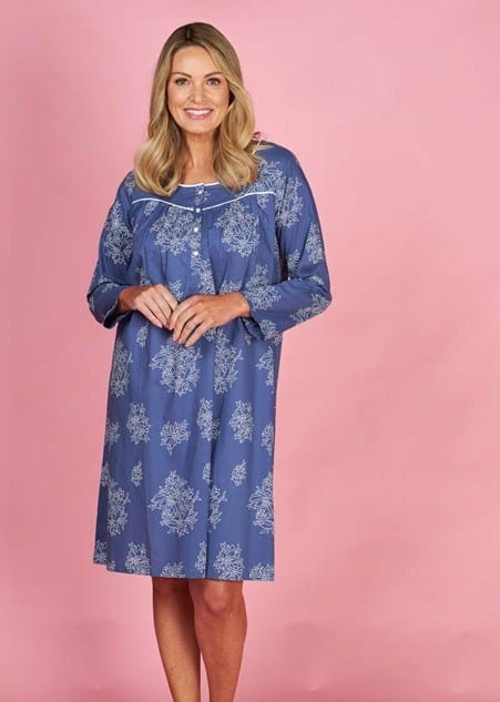 French Country Womens Long Sleeve Nightie - Blue Zinnia