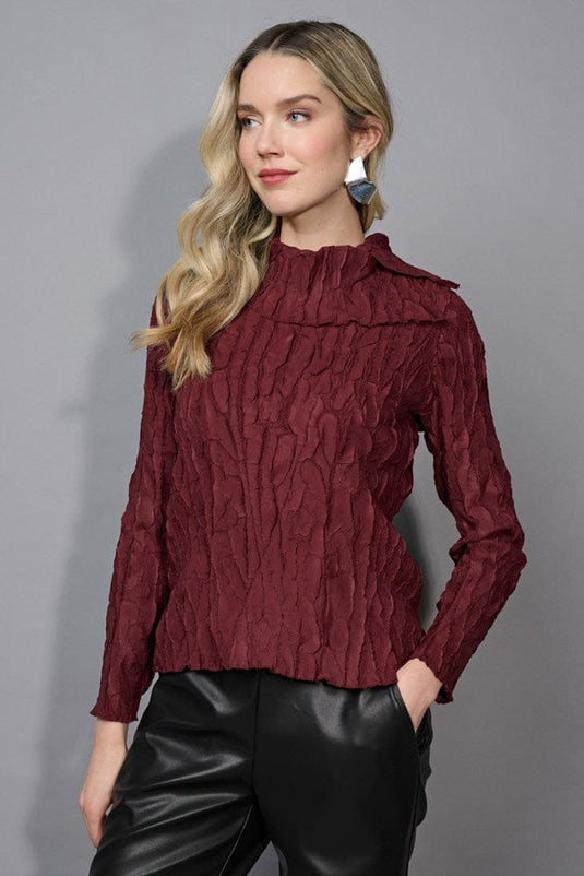 Picadilly Womens Spilt Collar Pleated Top - Bordeaux