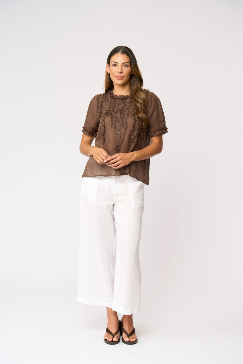 Load image into Gallery viewer, Foil Womens Frill Of It Blouse - Cocoa
