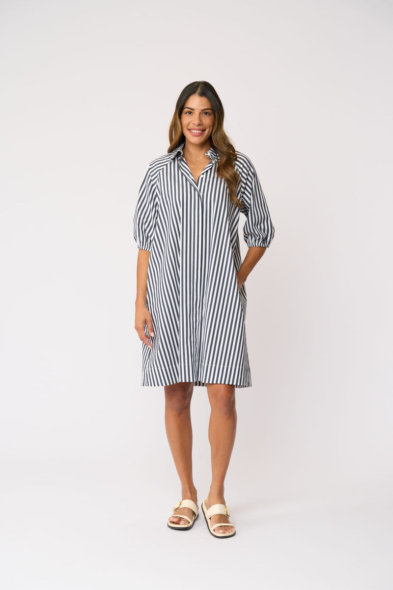 Load image into Gallery viewer, Foil Womens Good Shirt Dress - Navy Stripe
