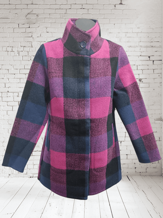 See Saw Womens Brushed Wool Blend Plaid Funnel Neck Coat