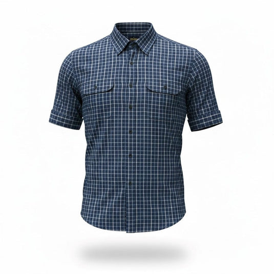 Mens Bisley Short Sleeve Cotton Medium Check - Navy