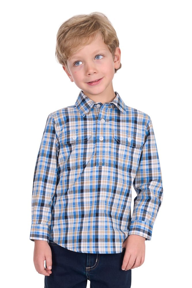 Load image into Gallery viewer, Hard Slog Kids Gibson 1/2 Placket Long Sleeve Shirt - Blue/Tan

