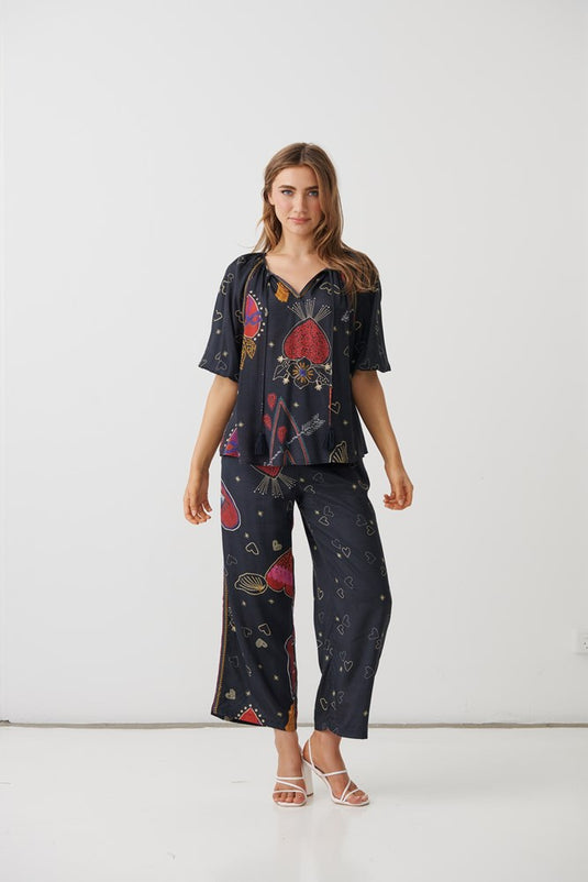 Holmes & Fallon Womens Mystic Hearts Print Blouse with Tassel Ties