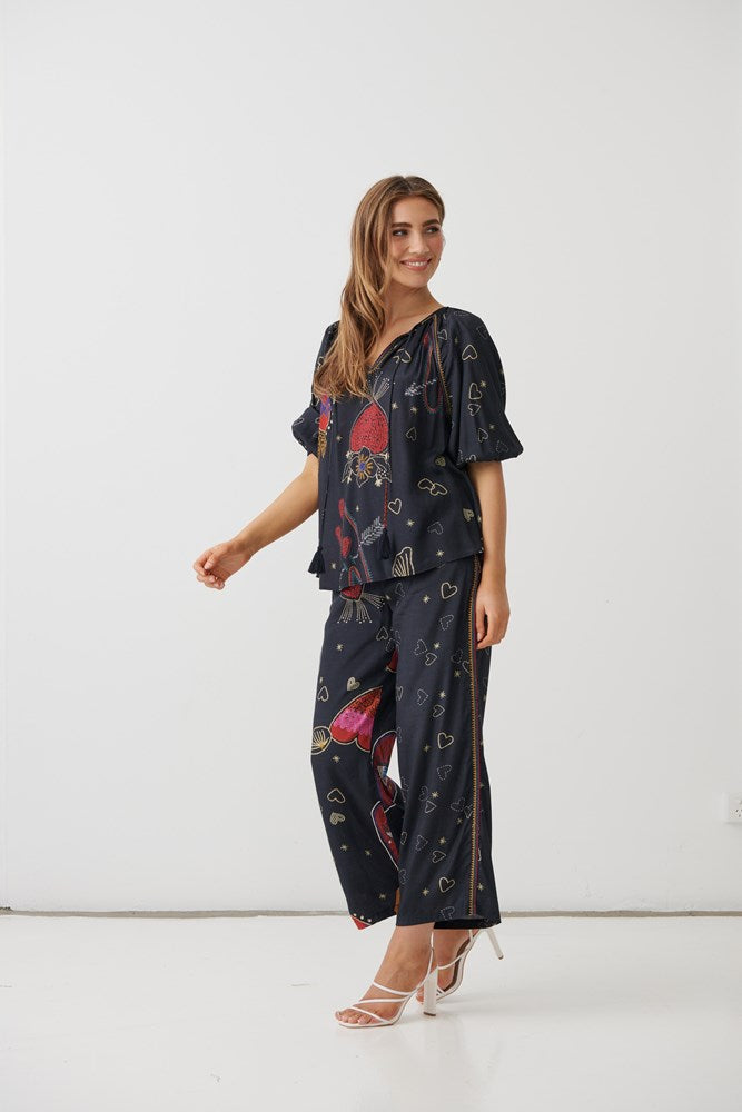 Load image into Gallery viewer, Holmes &amp; Fallon Womens Mystic Hearts Print Blouse with Tassel Ties
