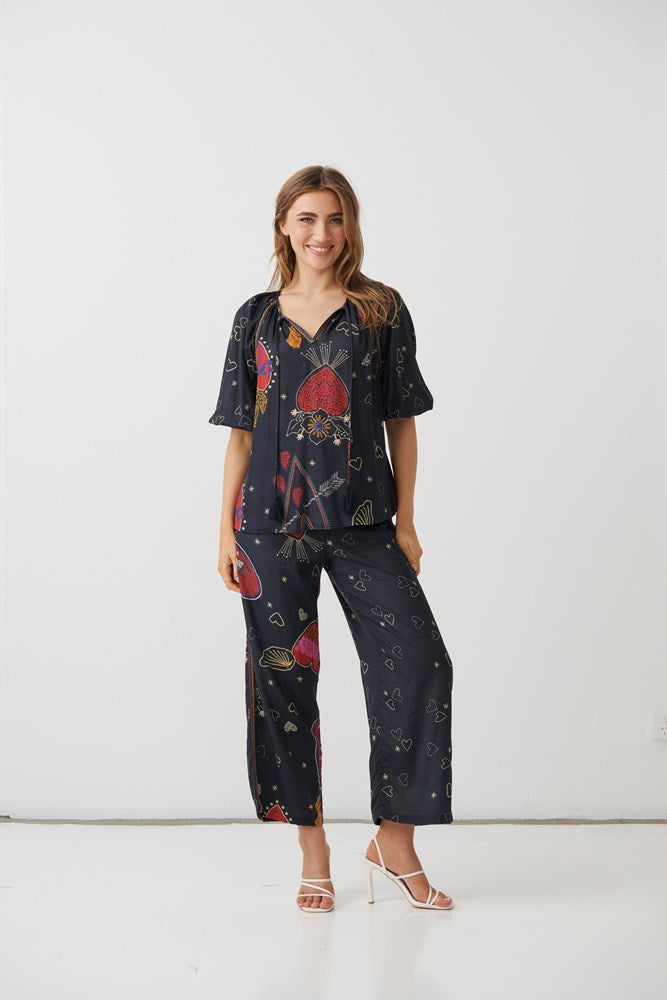 Load image into Gallery viewer, Holmes &amp; Fallon Womens Mystic Hearts Print Blouse with Tassel Ties

