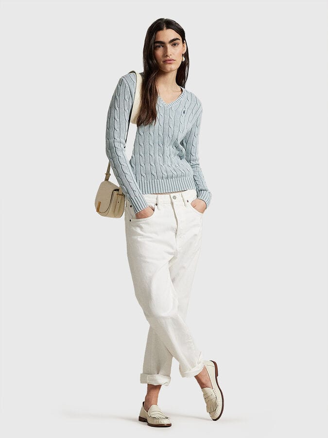 Load image into Gallery viewer, Polo Ralph Lauren Womens Cable-Knit Cotton V-Neck Sweater
