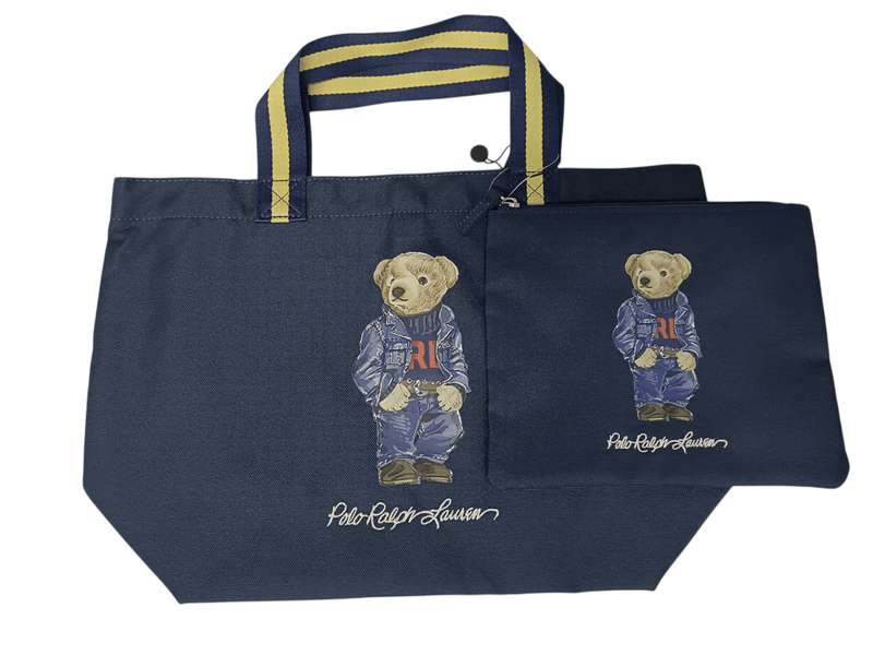 Load image into Gallery viewer, Polo Ralph Lauren Cotton Bear Tote Bag with Pouch - Navy
