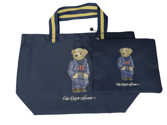Polo Ralph Lauren Cotton Bear Tote Bag with Pouch - Navy