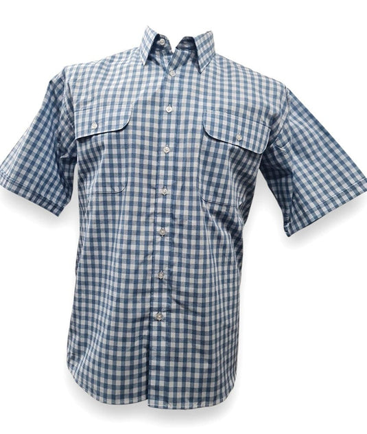 Bisley Mens Poly Cotton Short Sleeve Shirt - Light Blue Check