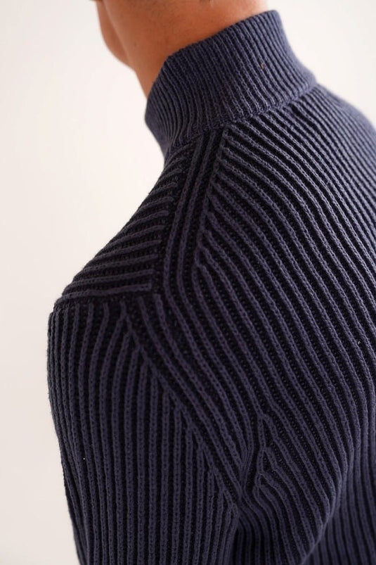 James Harper Mens 1/4 Zip Chunky Stripe Jumper - Indigo