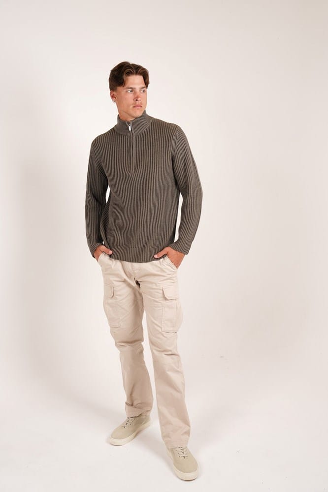 Load image into Gallery viewer, James Harper Mens 1/4 Zip Chunky Stripe Jumper - Olive
