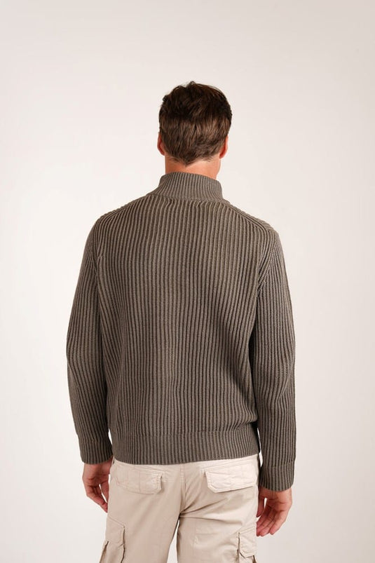 James Harper Mens 1/4 Zip Chunky Stripe Jumper - Olive
