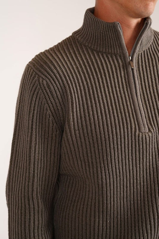 James Harper Mens 1/4 Zip Chunky Stripe Jumper - Olive