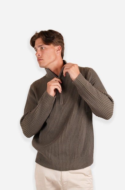 Load image into Gallery viewer, James Harper Mens 1/4 Zip Chunky Stripe Jumper - Olive
