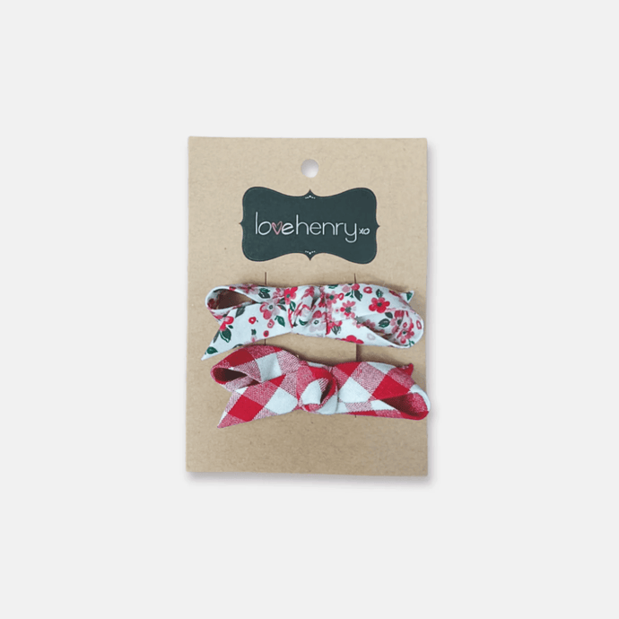 Love Henry Girls Clips 2 Pack - Pink Petite Floral/Red Check