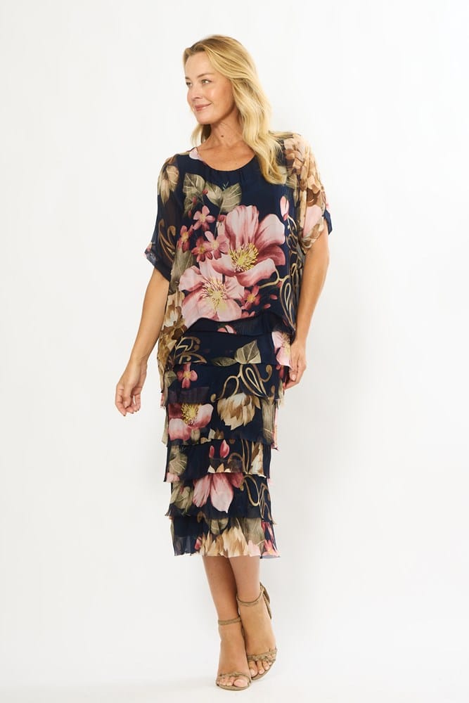 Load image into Gallery viewer, La Strada Womens Multi Layers Dress - Multi Navy/Pink Floral

